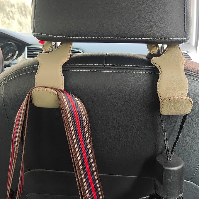 yicheyiyou Car Hooks Universal Car Vehicle Back Seat Headrest Hanger Holder Hook Microfiber Leather & Stainless Steel for Bag Purse Cloth Drink Grocery (Beige)