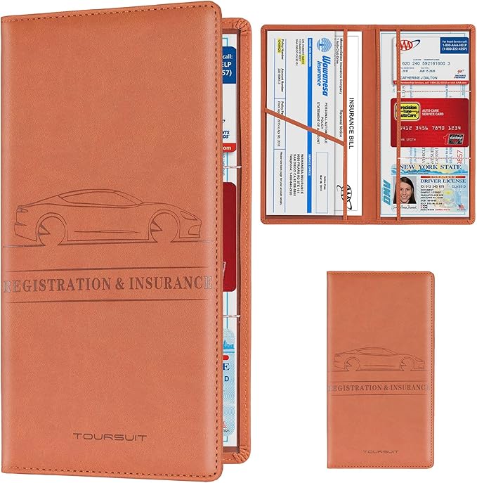 TOURSUIT Car Registration and Insurance Card Holder, Vehicle License Document Glove Box Compartment Organizer, Interior Car Accessories for Women Men (Brown)