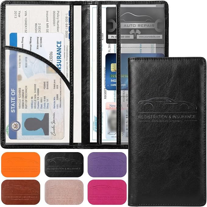 LumiMokki Premium Car Registration & Insurance Card Holder with Magnetic Shut, Vehicle Glove Box Car Organizer - For Documents, Cards, License (Cowhide Black)