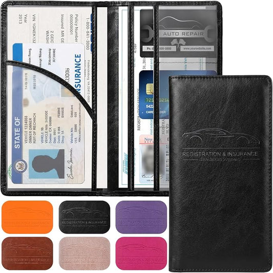 LumiMokki Premium Car Registration & Insurance Card Holder with Magnetic Shut, Vehicle Glove Box Car Organizer - For Documents, Cards, License (Cowhide Black)