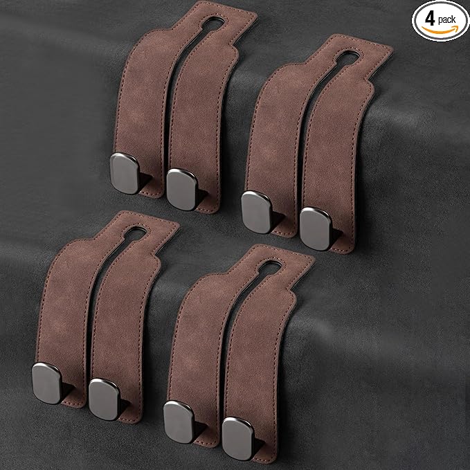 Amelity Universal Car Headrest Hooks, Women’s Car Interior Accessories for Purses Handbags Grocery & Backpacks, Brown 4 Pack