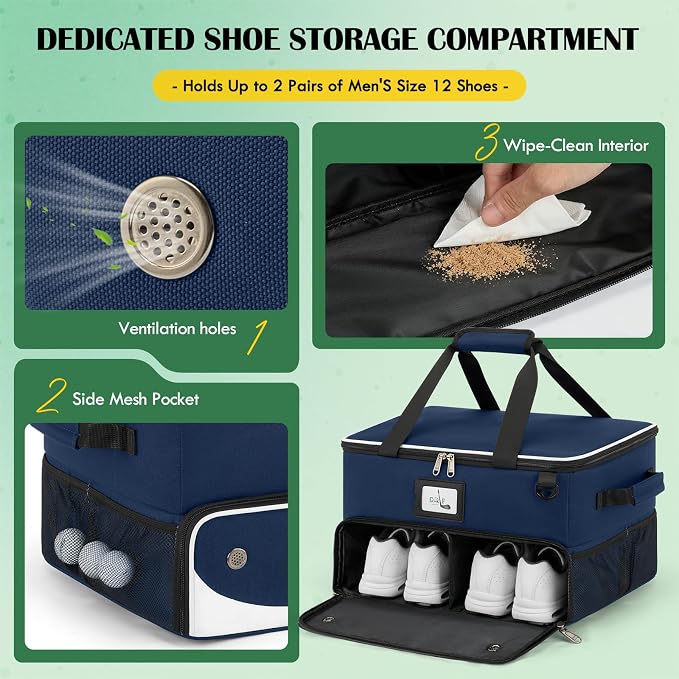 RAINSMORE Golf Trunk Organizer Golf Bag Organizers Golf Shoe Bag with Separate Ventilated Compartment for 2 Pair Shoes Golf Accessories for Balls, Gloves, Clothes