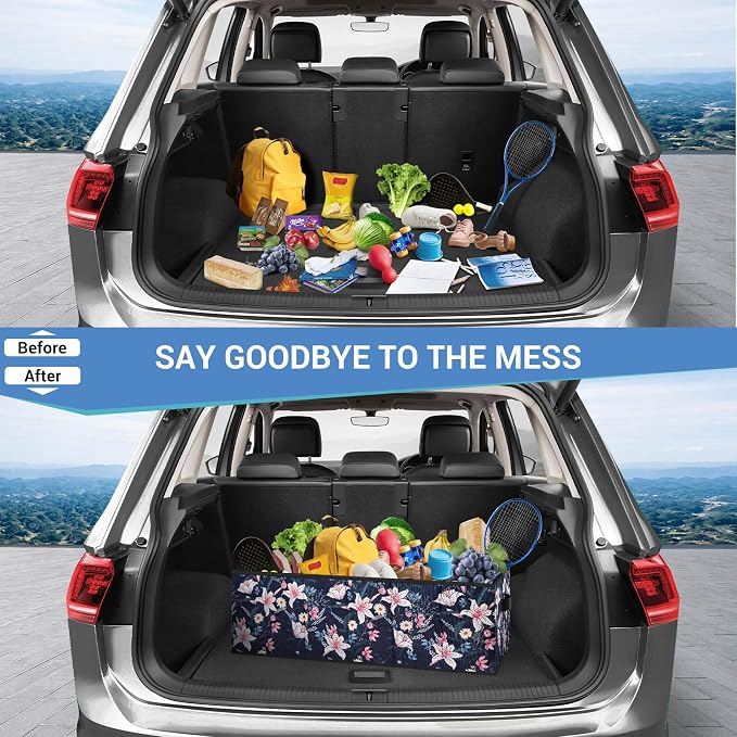 MIU COLOR Trunk Organizer for Car, Car Organizer, Sturdy Trunk Organizer for SUV, Non-Slip Bottom, Storage Organizer for Sedans, Van, Jeep, Grocery, Large 3 Compartments, Floral 32"×13"×10.6"