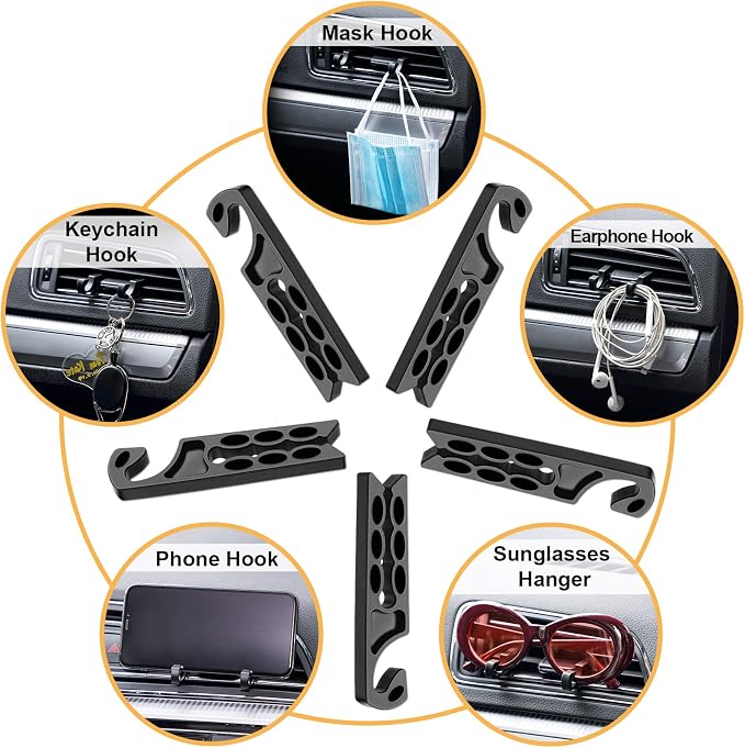 BBTO 10 Pieces Car Vent Hook Hanger Car Air Vent Holder Mobile Phone Mount Earphone Cable Winder Sunglasses Glasses Keychain Organizer Hanger Storage Hook (Black)
