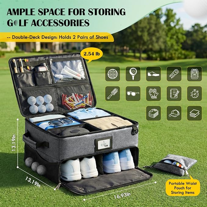 RAINSMORE Golf Trunk Organizer Golf Bag Organizers Golf Shoe Bag with Separate Ventilated Compartment for 2 Pair Shoes Golf Accessories for Balls, Gloves, Clothes
