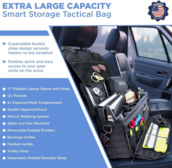 Patrol Bag Law Enforcement Car Front Seat Organizer, 17" Laptop Sleeve, MOLLE, Cup Holder, Water Resistant, Multiple Pocket Tactical Police Gear and Duty Bag