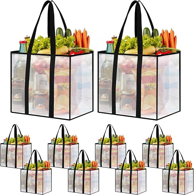 10 Pack Reusable Grocery Bags, Heavy-Duty Shopping Bags with Sturdy Handles, Water-Resistant & Foldable Organizer, Shopping Bags for Groceries, Market, Car Trunk, Multi-Purpose, 33L