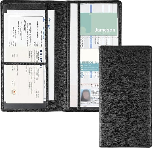 JUSTTOP 1Pack Car Registration and Insurance Holder,Car Document Holder for Cards License with Magnetic Shut,Vehicle Glove Box Car Organizer for Documents, Cards, License(Embossed leather Black)