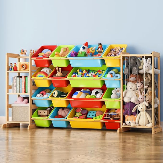 Toy Storage Organizer with Bookshelf and Stuffed Animal Storage - Playroom Organization with Shelves and 12 Bins - Living Room Box for Lego - Nursery Bedroom Decor Essential