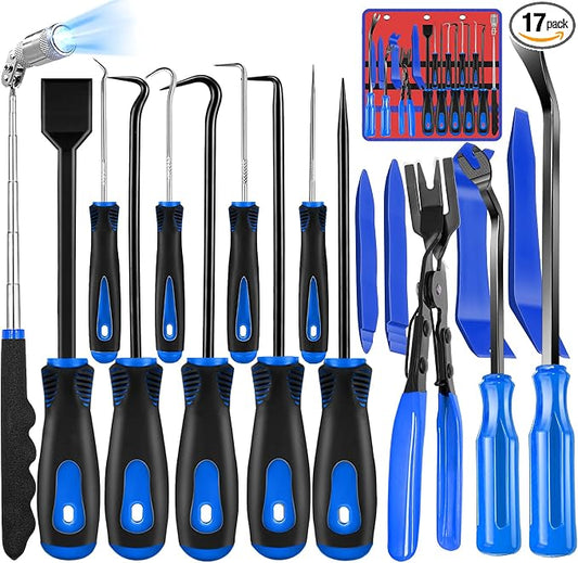 Keze 17 Pcs Hook and Pick Set Auto Trim Removal Tool Kit,Clip Plier Remover Tool Gasket Scraper Telescoping Magnetic Pickup Tool for Automotive Repair and Car Body Door Panel Fastener Removal