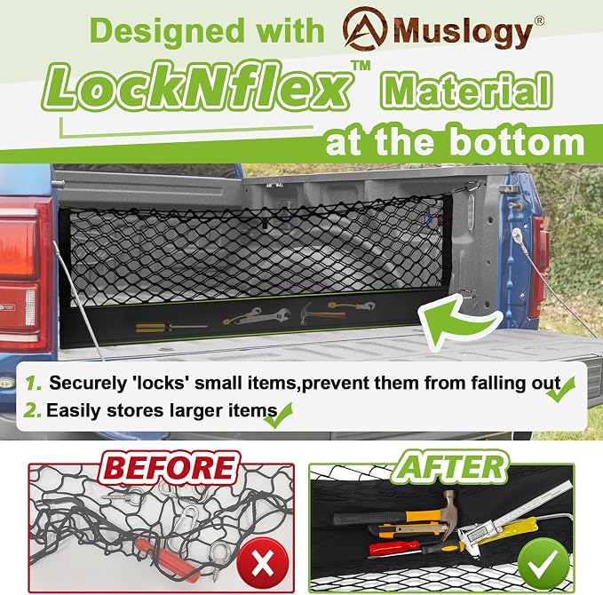 Muslogy Truck Bed Cargo Net Trunk Netting Compatible with Ford F-150 & Lightning 2015-2026 Accessories, Pickup Cargo Organizer SUV Sedan Storage Net w/Heavy Duty Carabiners