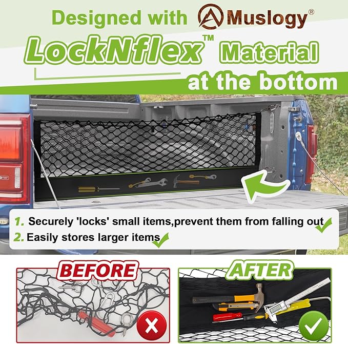 Muslogy Truck Bed Cargo Net Trunk Netting Compatible with 2015+ Ford F150 & 2017+ F250/F350/F450 (Snap-in Tie Down) Accessories, Pickup Cargo Organizer SUV Sedan Storage Net w/Heavy Duty Carabiners