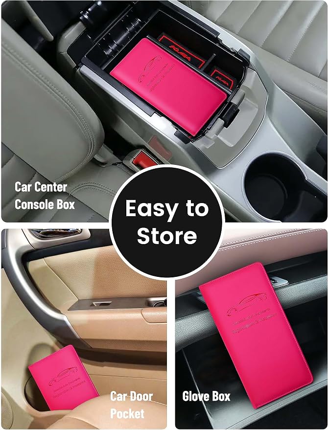 Yarnic Car Registration and Insurance Holder, Car Document Holder with Magnetic Closure, Registration and Insurance Card Holder Car Organizer Glove Box Compartment Organizer for Men Women (Hot Pink)