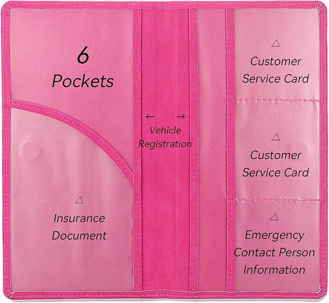 Car Registration and Insurance Holder, Premium Pu Leather Vehicle Glove Box Organizer - for Driver License, Cards & Essential Documents (L-Rose Red)