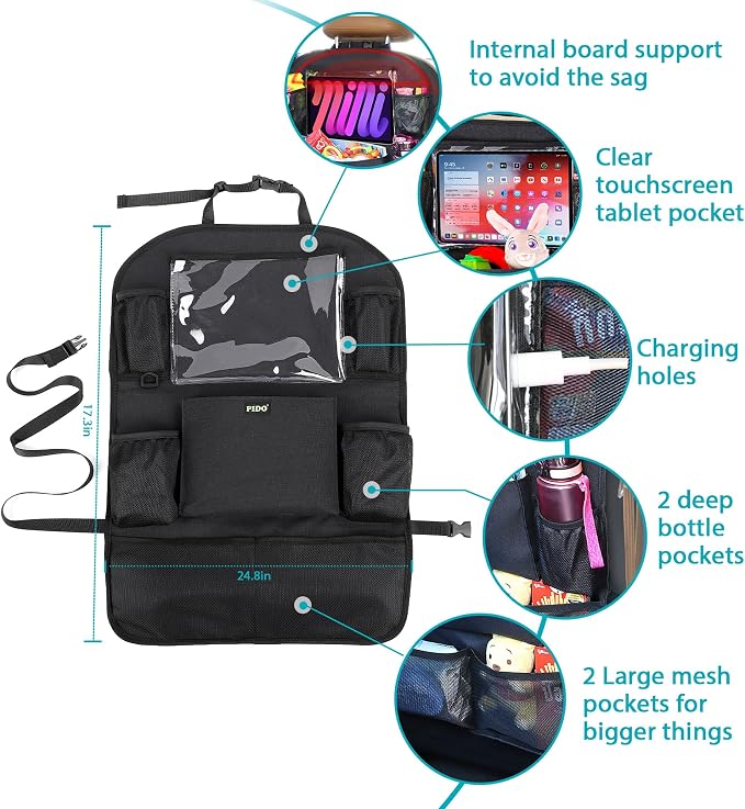 PIDO Backseat Car Organizer, Car Seat Organizer for Kids with Touch Screen Tablet Holder and 8 Pockets, Automotive Seat Back Kick Mat Made with Heavy Duty Fabric, Road Trip Essentials, 2 Pack