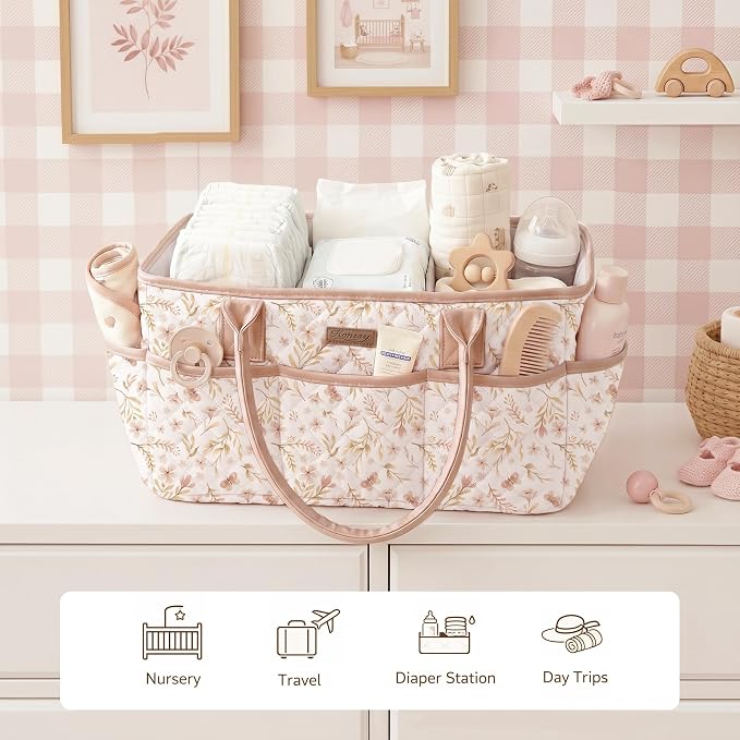 Konssy Floral Quilted Diaper Caddy Organizer, Diaper Caddy Basket with PU Leather Handles, Water-Repellent Nursery Storage Basket, Portable Car Organizer, Registry Search Must Haves (Pink Spring)