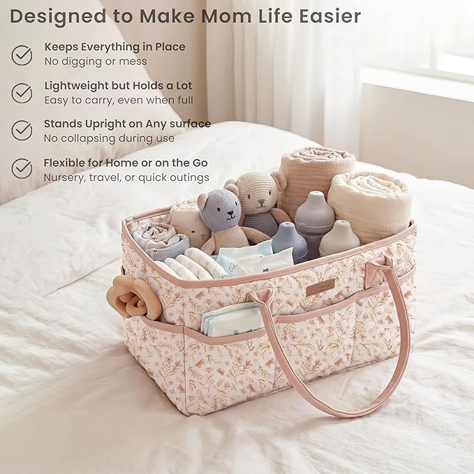 Konssy Floral Quilted Diaper Caddy Organizer, Diaper Caddy Basket with PU Leather Handles, Water-Repellent Nursery Storage Basket, Portable Car Organizer, Registry Search Must Haves (Pink Spring)