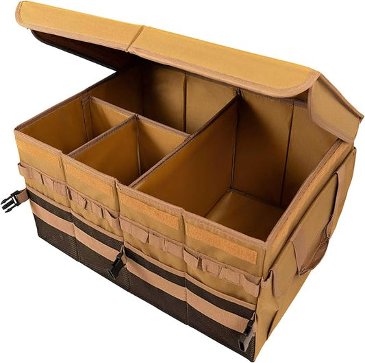 Large 70L SUV Trunk Organizer, Trunk Organizer With Lid, Foldable Cargo Storage Box, Brown, 4-Compartments With Handle,Universal for Car Sedan Truck Camping Grocery Shopping Travel