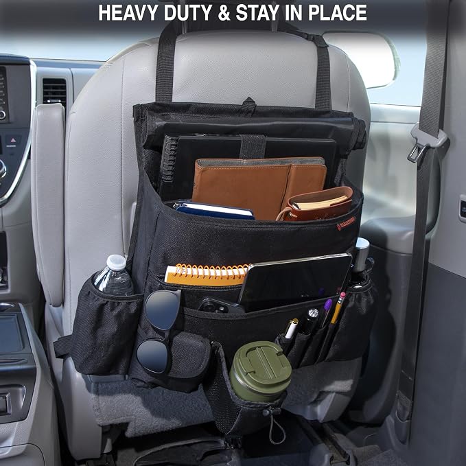 Front Seat Car Organizer with flap and buckle closure – Convertible into Shoulder Bag – Fits Front or Back of Seat – Heavy Duty Car Organizer for Rideshare and Truck drivers