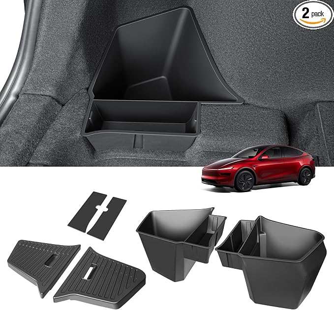 2PCS Rear Trunk Storage Bins with Lids for Tesla Model Y Juniper 5 Seater,TPE Side Cargo Organizer Boxes Rear Trunk Containers for New Tesla Model Y 2025-2026 Accessories