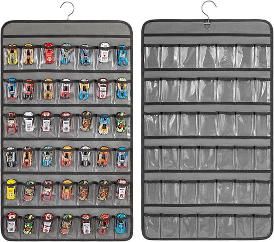 Toy Cars Wheels Storage Holder Matchbox Cars Organizer Dual Sided Hanging Toy Cars Display Case with 84 Clear Pockets (Dual Sides-Grey)