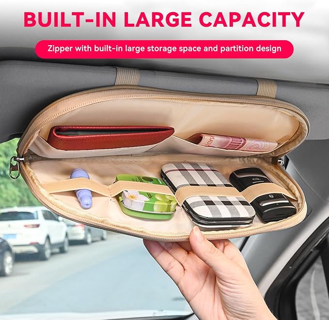 Car Sun Visor Organizer, Multi-Pocket PU Leather Sunglass Holder and Storage Pocket with Net Zipper, Card Sleeve Pocket Organizer, Auto Interior Accessories for Vehicle, Truck, SUV (Black)
