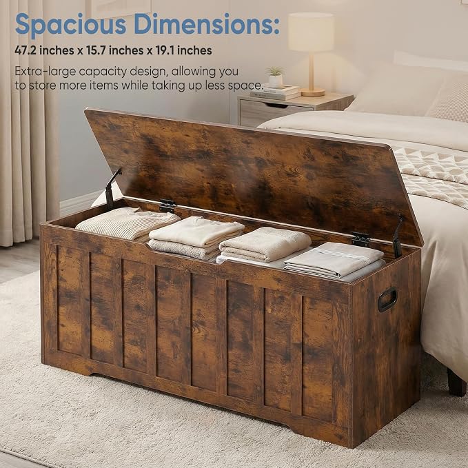 DUMOS 47.2" Extra Large Wooden Storage Chest Trunk Bench with Gel Safety Hinges, 150lbs Heavy Organizer, U-Cut Handles, Non-Slip Base, Bedroom Living Room Entryway, Rustic Brown