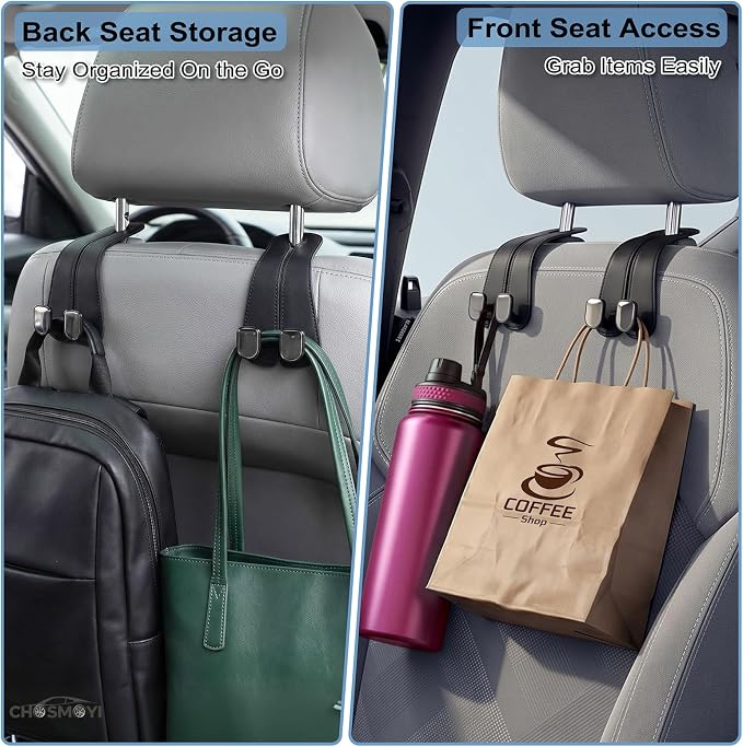 CHOSMOYI 2 Packs Car Seat Hooks, Leather Car Headrest Hook, Car Purse Hook Seat Back Hanger Storage Organizer, Car Hook for Purses and Bags(Black)