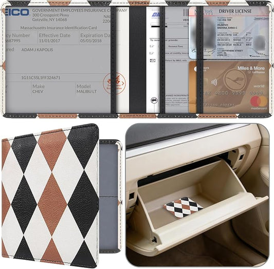 Car Registration and Insurance Holder, Premium Pu Leather Vehicle Glove Box Organizer - for Driver License, Cards & Essential Documents (S-Diamond pattern)