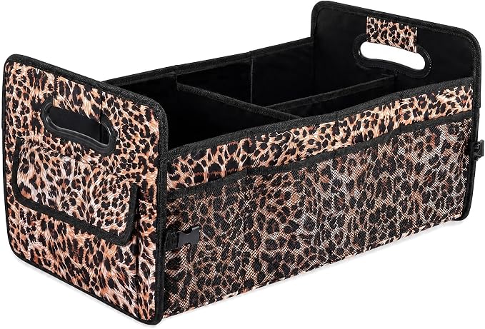 Car Trunk Organizer for SUV & Car, Foldable Waterproof Basket with Front & Side Pockets, Leopard Print Car Accessories for Women, Durable Oxford Cloth Backseat & Truck Bed Organizer