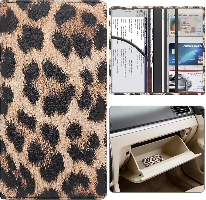 Car Registration and Insurance Holder, Premium Pu Leather Vehicle Glove Box Organizer - for Driver License, Cards & Essential Documents (L-Leopard)