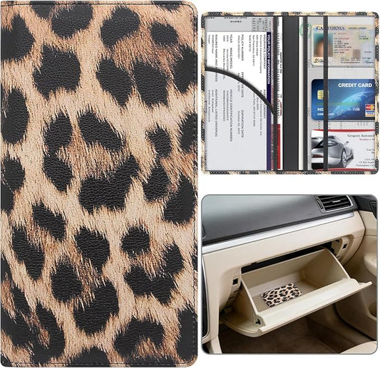 Car Registration and Insurance Holder, Premium Pu Leather Vehicle Glove Box Organizer - for Driver License, Cards & Essential Documents (L-Leopard)