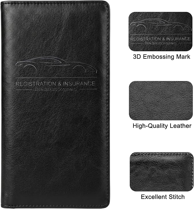LumiMokki Premium Car Registration & Insurance Card Holder with Magnetic Shut, Vehicle Glove Box Car Organizer - For Documents, Cards, License (Cowhide Black)