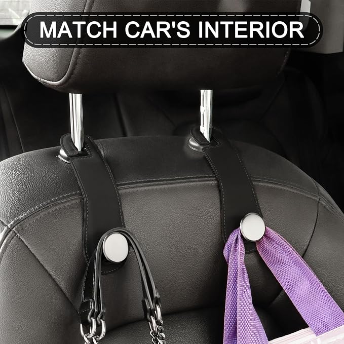 JESTOP Leather Car Seat Storage Hanger, 2 Pack, Stylish Seat Organizer Hooks for Purses, Bags, Coats, Umbrellas, Black