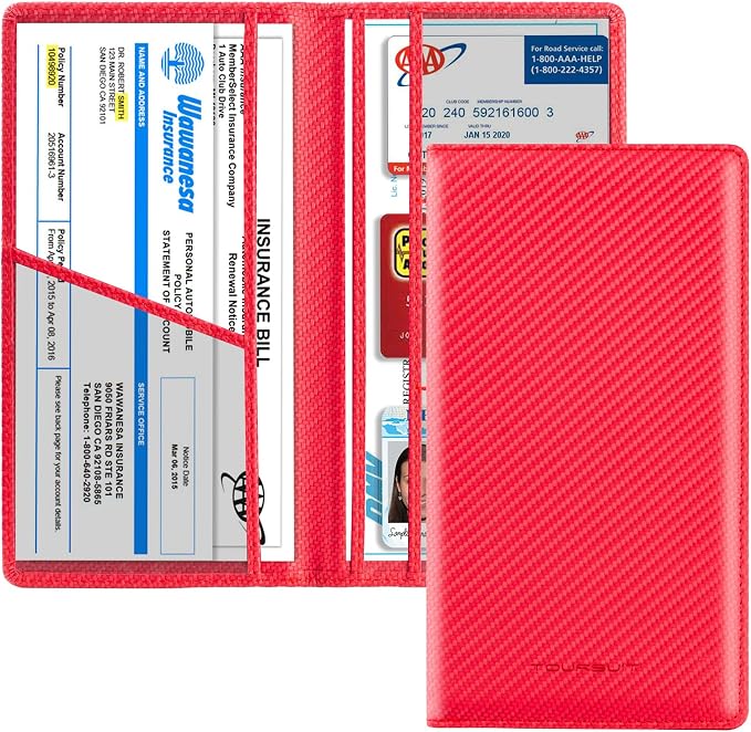 TOURSUIT Car Registration and Insurance Card Holder, Vehicle License Document Glove Box Compartment Organizer, Interior Car Accessories for Women Men (Carbon Red)