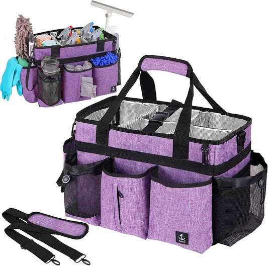 Large Cleaning Caddy Bag Built-in Sturdy Support Board, Cleaning Organizer with Detachable Divider, Cleaning Supply Tote with Adjustable Shoulder Strap&Waist Belt for Cleaners & Housekeeper