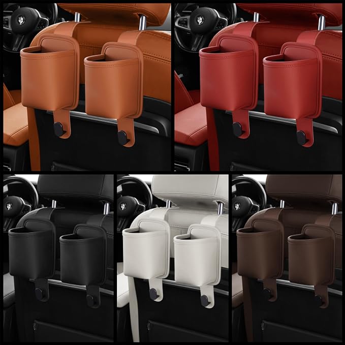 2-Pack Car Seat Back Cup Holder Organizer, White | Faux Leather, With Hooks, Universal Backseat Storage, For Drinks, Bottles & Travel Accessories