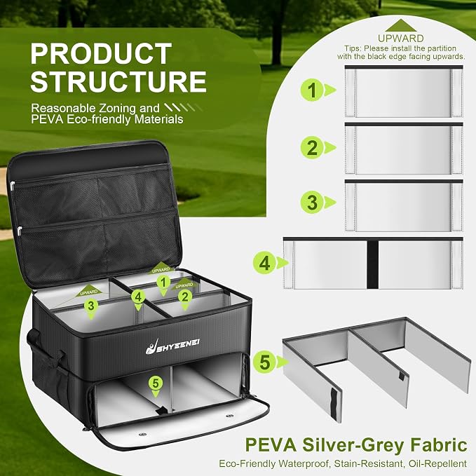 Golf Trunk Organizer, Improved Version 2-Layer Golf Storage Locker, with Ventilated Shoe Compartment, Waterproof & Eco-Friendly Golf Organizer for Car Trunk, Travel, and Daily Use