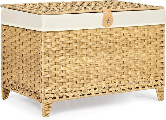 Honjourai Wicker Storage Basket with Lid,Rattan Shelf Basket with Removable Liner Bag,200L Storage Bin,Storage Trunk with Heightened Feet,Storage Container for Wardrobe,Home Organizer