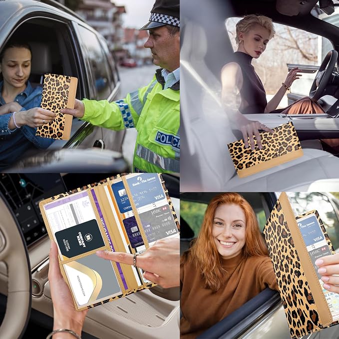 Car Registration and Insurance Holder with Magnetic Closure, Universal Document Organizer for License, Insurance Cards & Glove Box Storage (Leopard-Brown)
