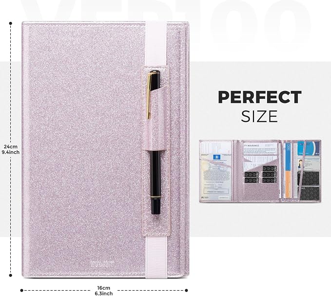 VULKIT Car Registration and Insurance Card Holder Vehicle for Women Glove Box Organizer Leather Tri-fold Design for Car Keys, ID Holder, Essential Documents Pink