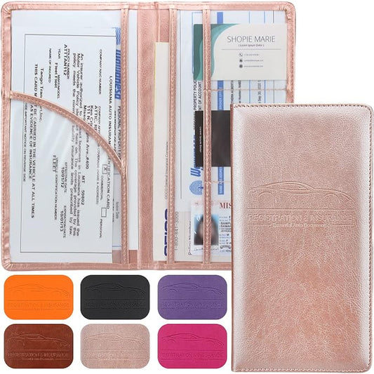 LumiMokki Premium Car Registration & Insurance Card Holder with Magnetic Shut, Vehicle Glove Box Car Organizer - For Documents, Cards, License (Rose gold)