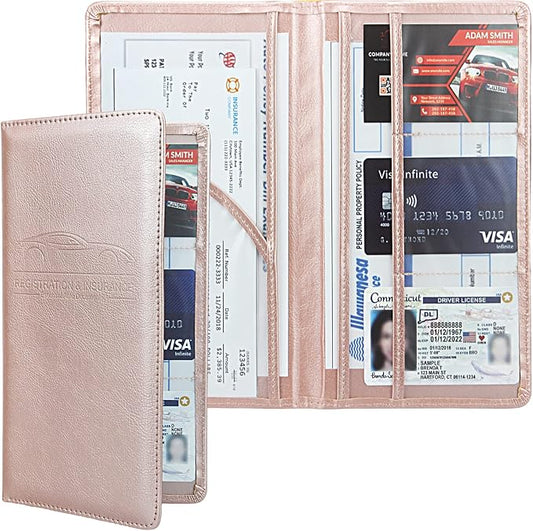 Car Registration and Insurance Holder, Premium Leather Insurance and Registration Holder,vehicle Glove Box Car Organizer, with Magnetic Shut for Cards, Driver License (Rose Gold)