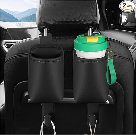 2-Pack Car Seat Back Cup Holder Organizer, Black | Faux Leather, With Hooks, Universal Backseat Storage, For Drinks, Bottles & Travel Accessories