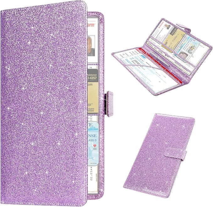 RSAquar Car Registration and Insurance Holder, Vehicle Car Glove Box Organizer, Cool Car Accessories for ID, Driver License Cards & Essential Document, Men&Women, Purple Glitter