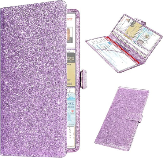 RSAquar Car Registration and Insurance Holder, Vehicle Car Glove Box Organizer, Cool Car Accessories for ID, Driver License Cards & Essential Document, Men&Women, Purple Glitter