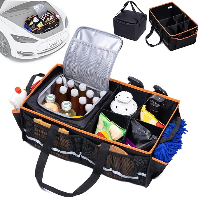 Rifachua Car Front Trunk Organizer with Cooler Bag Compatible with Tesla Model Y Model 3 2020-2026, Foldable Grocery Frunk Storage Bag Collapsible for Car SUV with Multi Compartment，Black