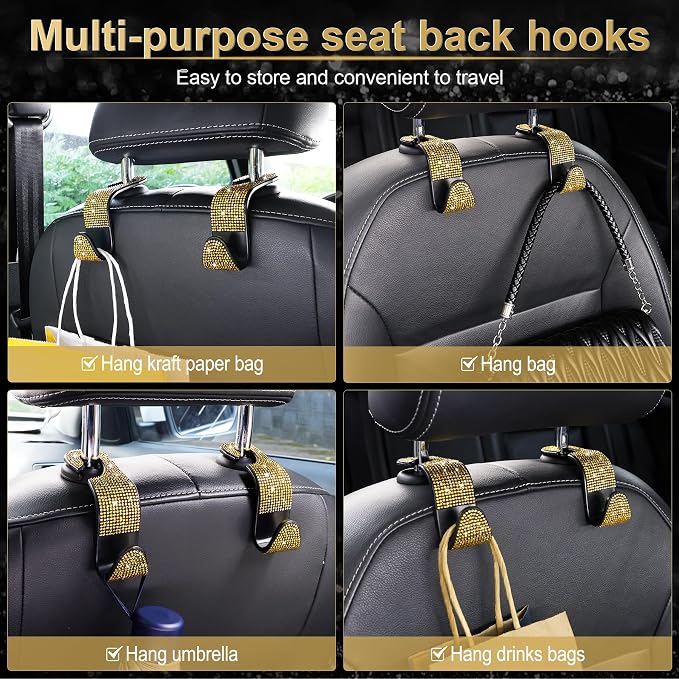 LivTee Car Seat Headrest Hook, Auto Seat Hook Hangers Storage Organizer Interior Accessories for Purse Coats Umbrellas Grocery Bags Handbag, 4-Pack(Bling Gold)