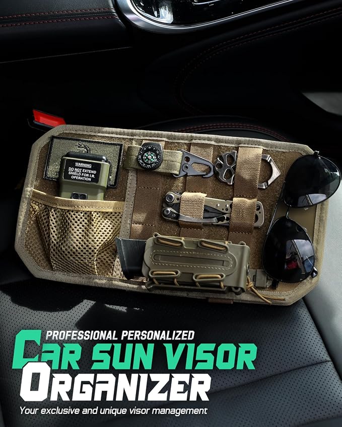 LIVANS Tactical Car Sun Visor Organizer, Auto Accessories Semi-Rigid Molle Panel with Zipper Storage Pouch & Glasses Holder, Gift for Car Gear, Fit Cars, Trucks, Suvs, Jeeps & Patrols (Khaki)