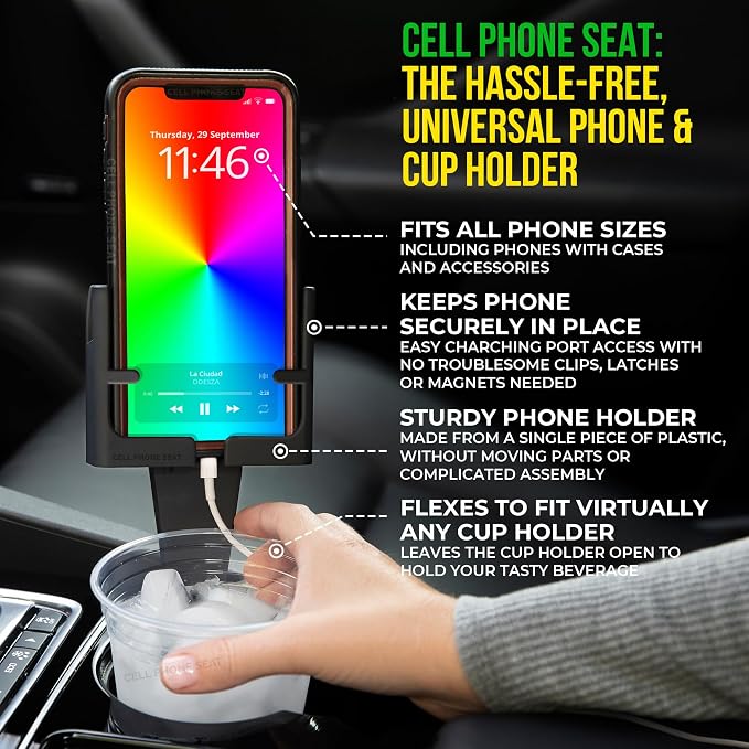 Phone Holders for Your Car, Cup Holder Phone Mount, Universal Adjustable Expander Cradle Hands-Free Driving - Compatible with All Smartphones Car Mount for iPhone Samsung Google Android Mobile Black